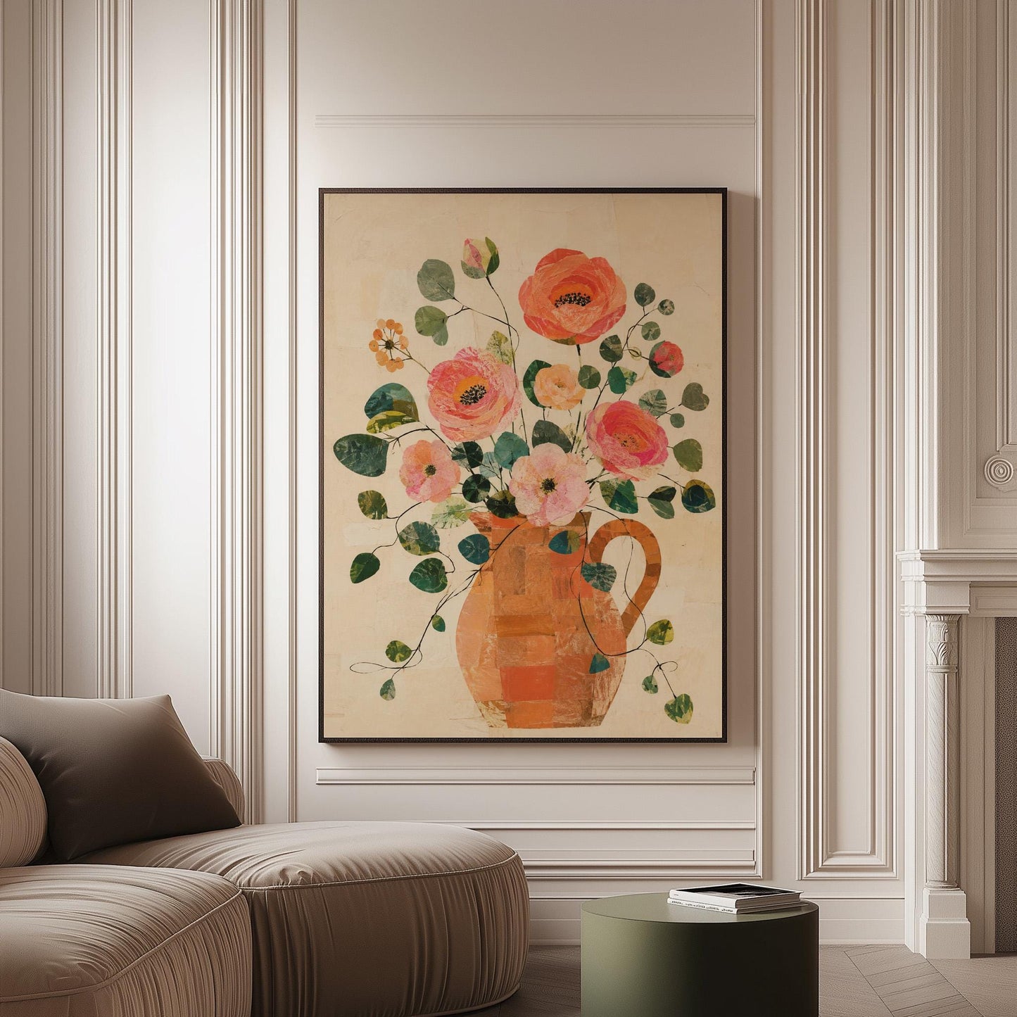 Coral poppies and blooms in a clay jug, canvas print on a softly lit wall in a calm interior