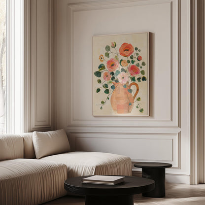 Coral poppies and blooms in a clay jug, canvas wall art styled against a soft white wall