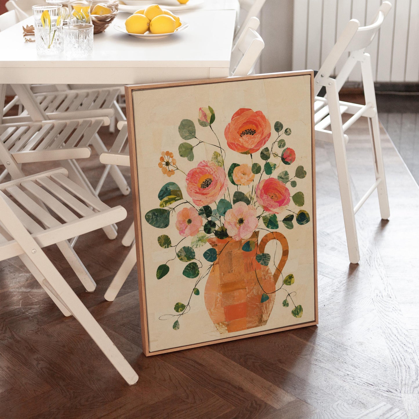 Coral poppies and blooms in a clay jug, canvas wall art presented in a light, minimal room