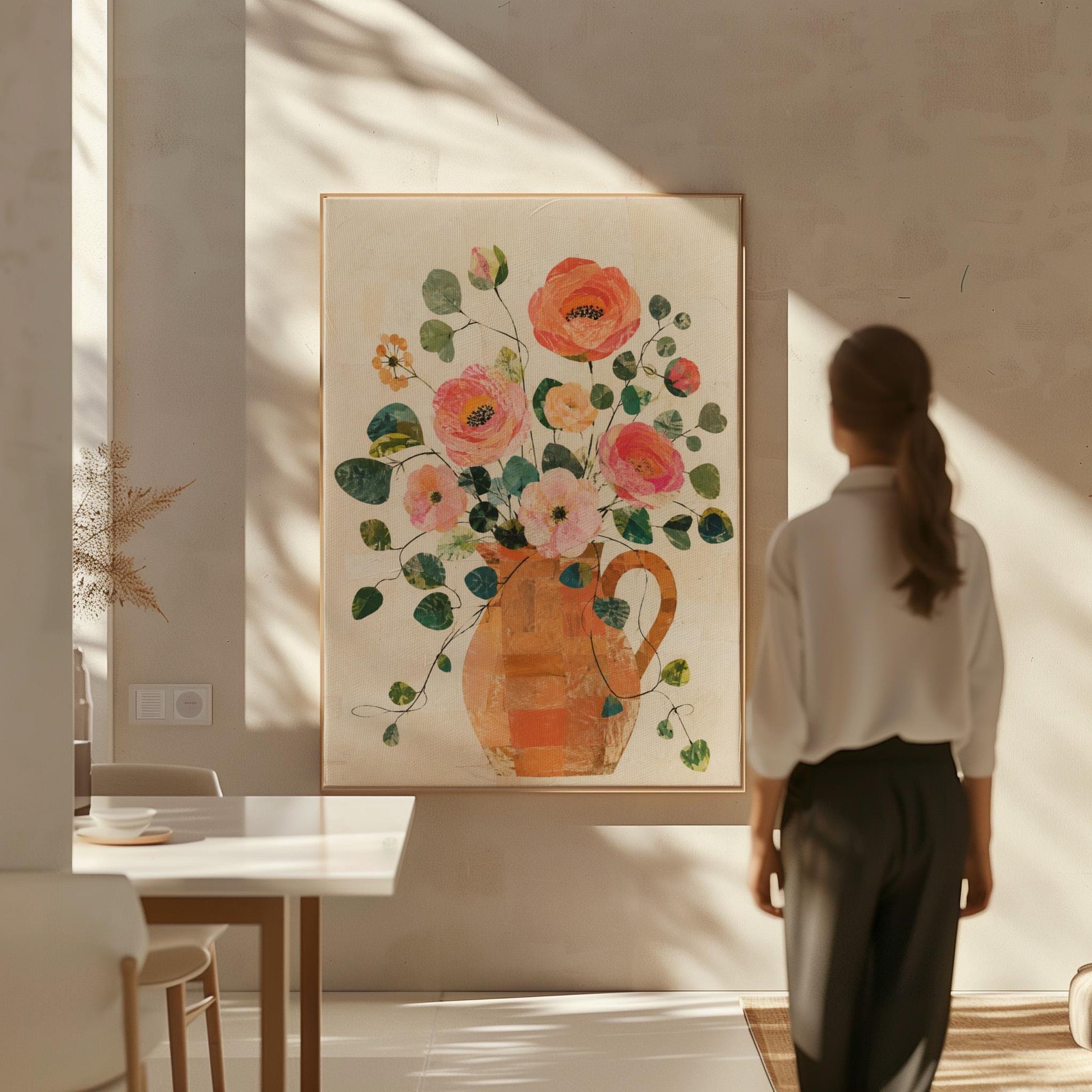 Coral poppies and blooms in a clay jug, canvas wall art on a quiet wall in a considered interior