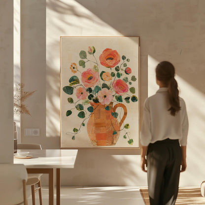 Coral poppies and blooms in a clay jug, canvas wall art on a quiet wall in a considered interior