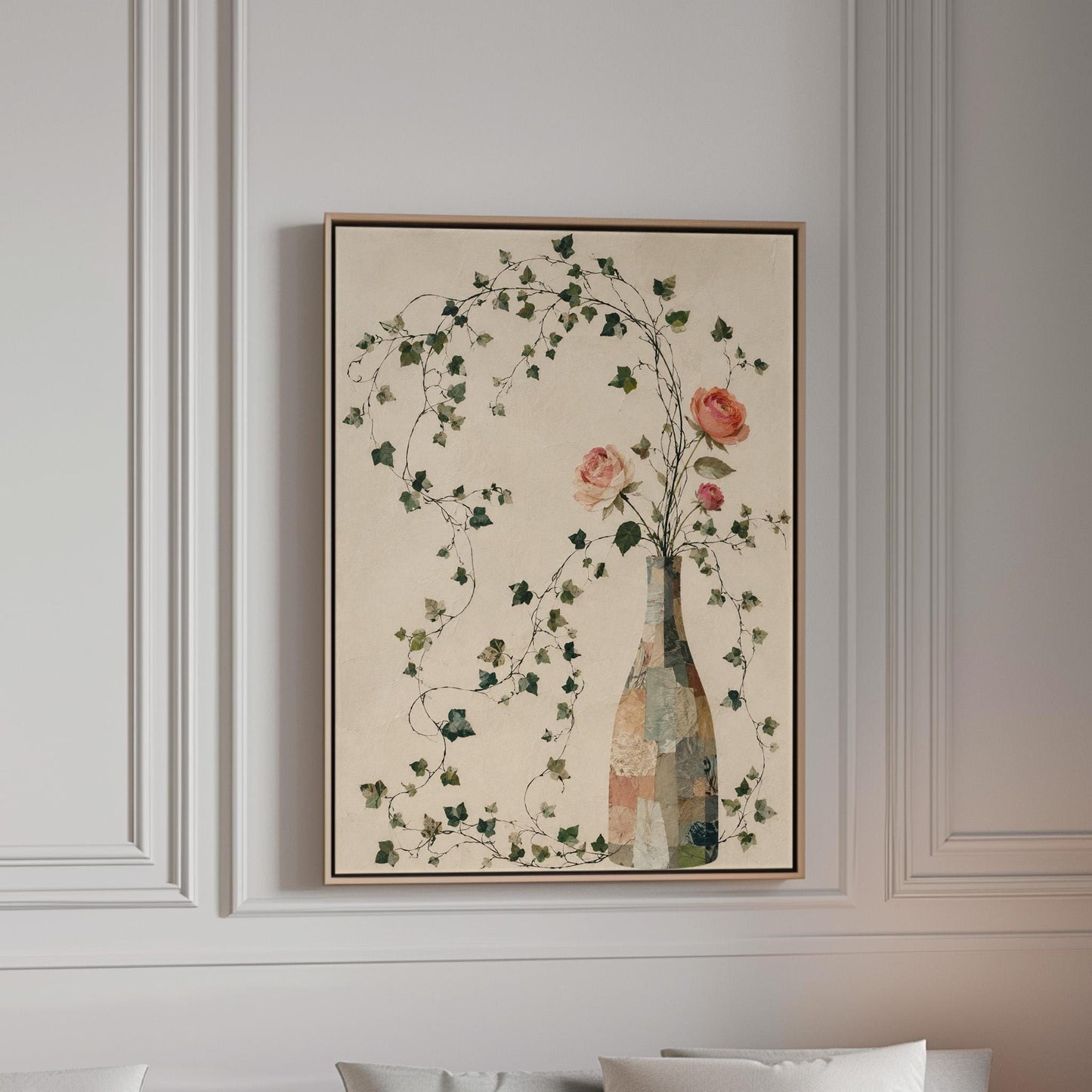 Ivy vines and single rose trailing from bottle vase, canvas print in a bright room with natural daylight