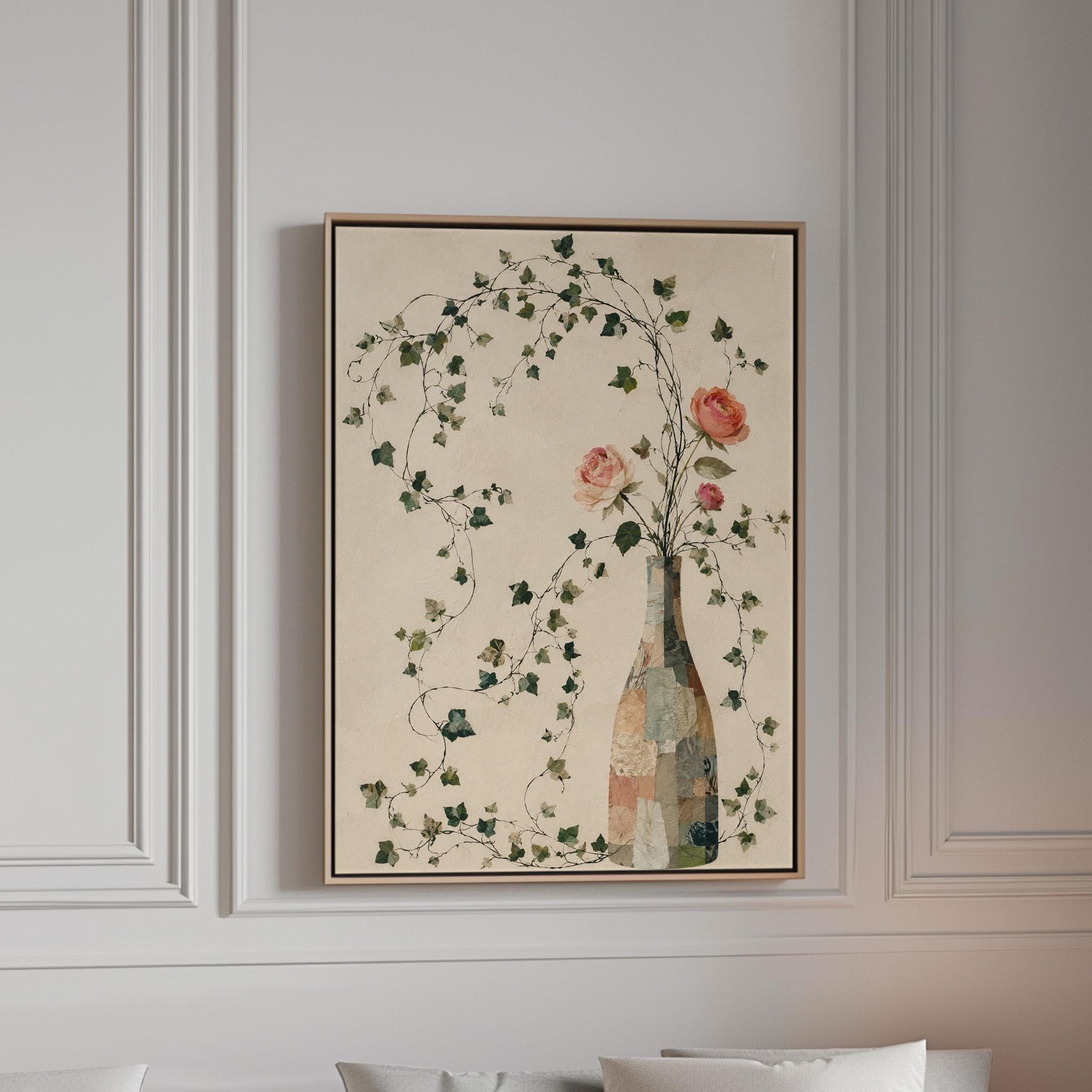 Ivy vines and single rose trailing from bottle vase, canvas print in a bright room with natural daylight