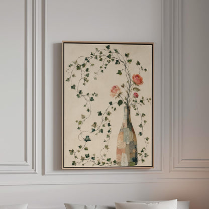 Ivy vines and single rose trailing from bottle vase, canvas print in a bright room with natural daylight
