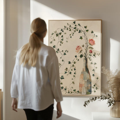 Ivy vines and single rose trailing from bottle vase, canvas print presented in a light, minimal room
