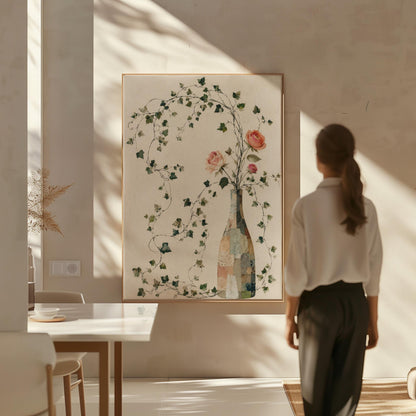 Ivy vines and single rose trailing from bottle vase, canvas print shown in a sunlit, contemporary room
