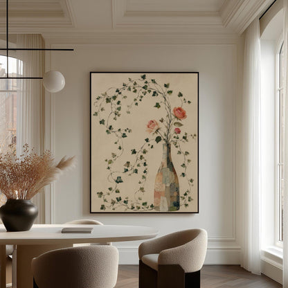 Ivy vines and single rose trailing from bottle vase, canvas wall art hanging in a calm, modern living space