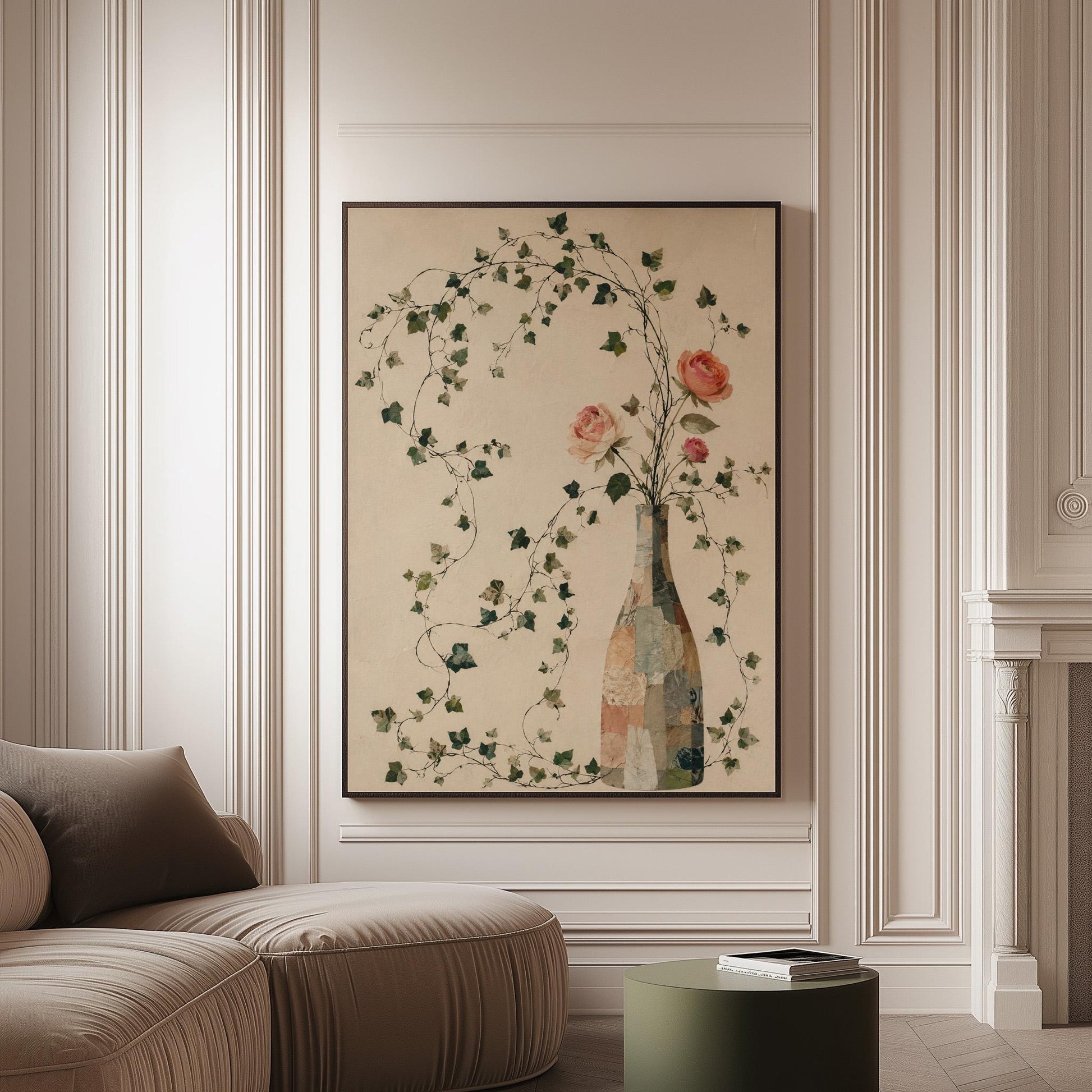 Ivy vines and single rose trailing from bottle vase, canvas print on a softly lit wall in a calm interior