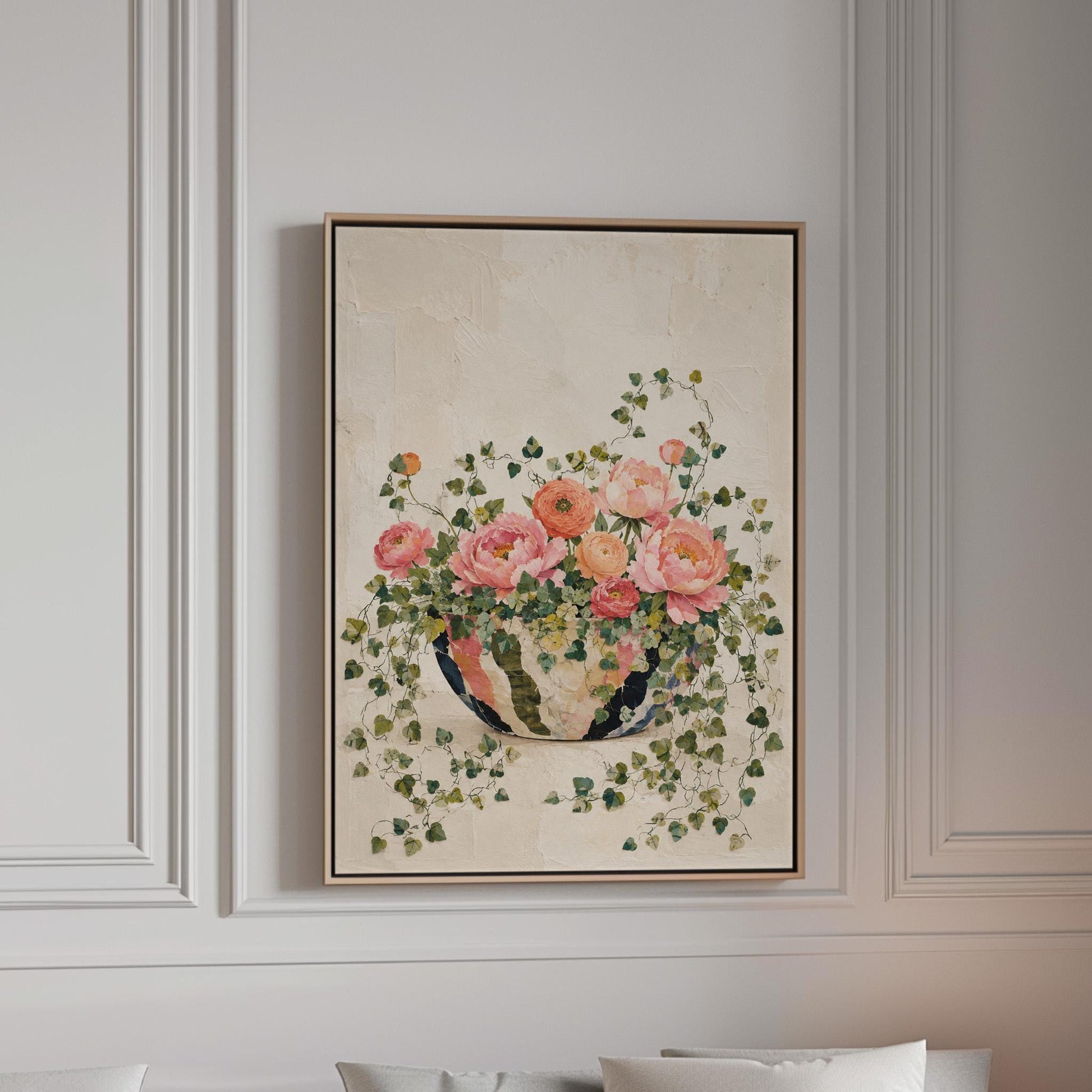Blush peonies in bowl with cascading ivy, canvas print in a bright room with natural daylight
