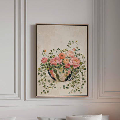 Blush peonies in bowl with cascading ivy, canvas print in a bright room with natural daylight
