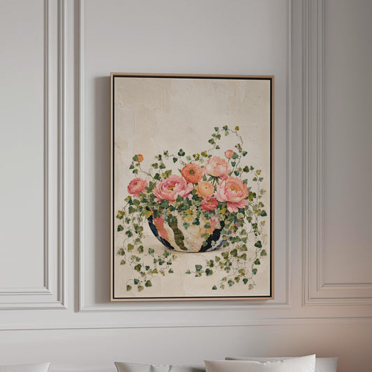 Blush peonies in bowl with cascading ivy, canvas print in a bright room with natural daylight