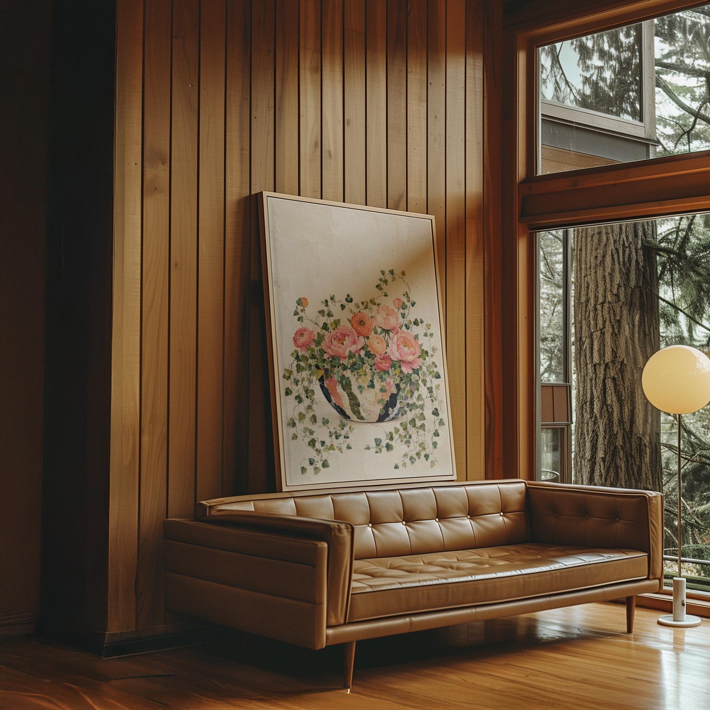 Blush peonies in bowl with cascading ivy, canvas print hanging in a calm, modern living space