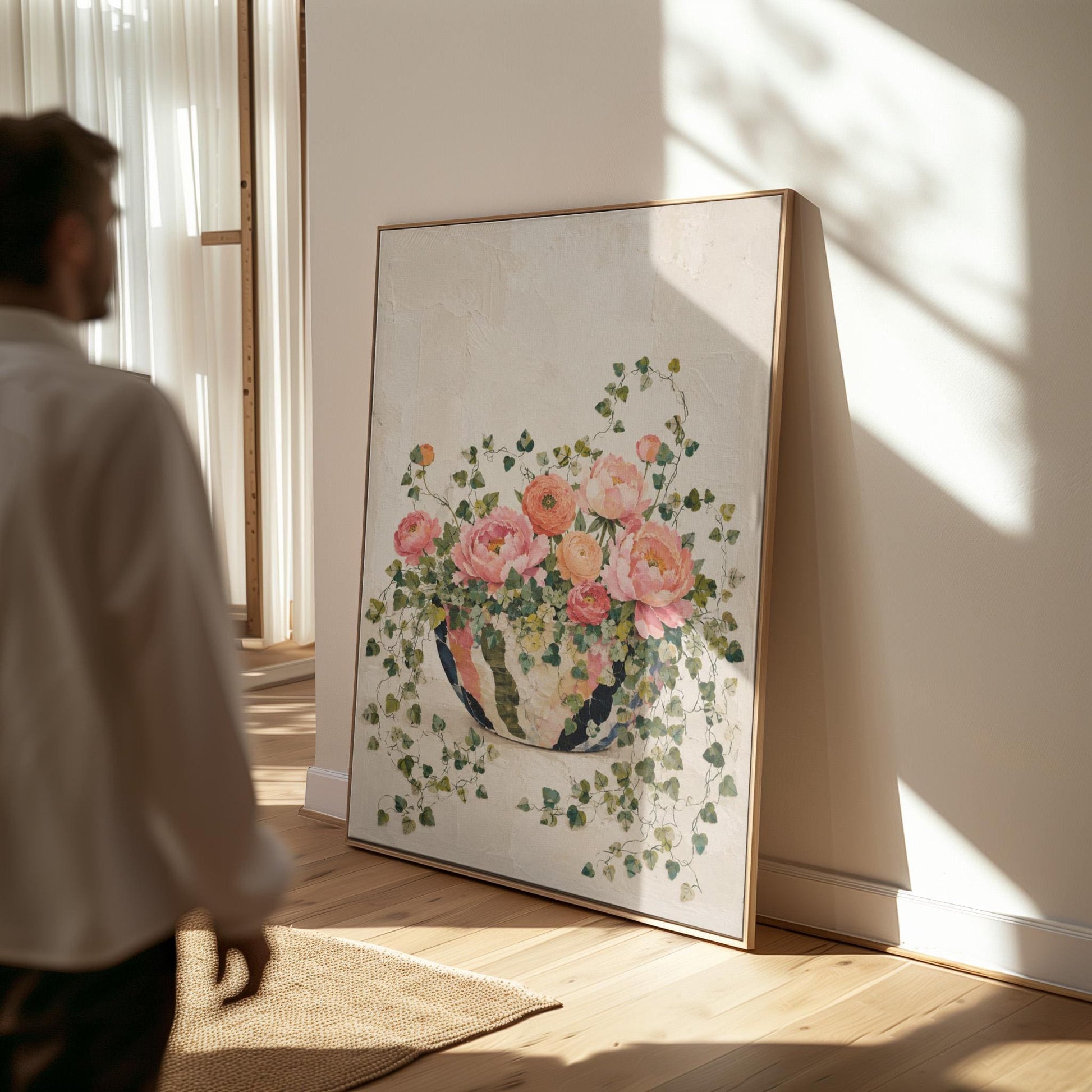 Blush peonies in bowl with cascading ivy, canvas print styled against a soft white wall