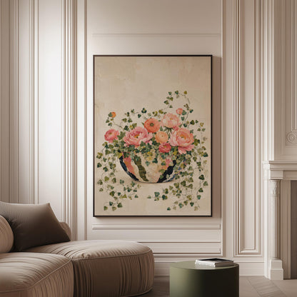 Blush peonies in bowl with cascading ivy, canvas print on a softly lit wall in a calm interior