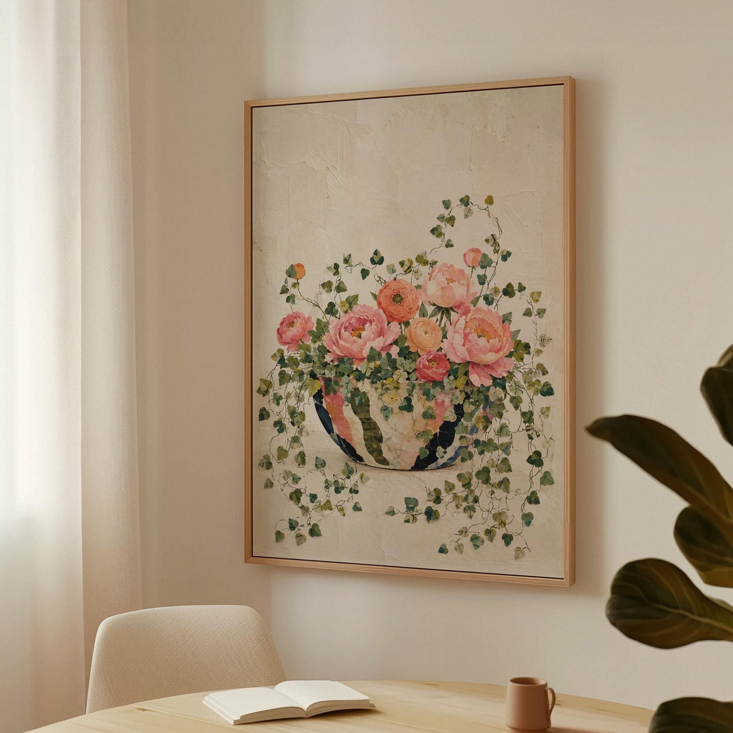 Blush peonies in bowl with cascading ivy, canvas print shown in a sunlit, contemporary room