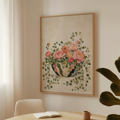 Blush peonies in bowl with cascading ivy, canvas print shown in a sunlit, contemporary room