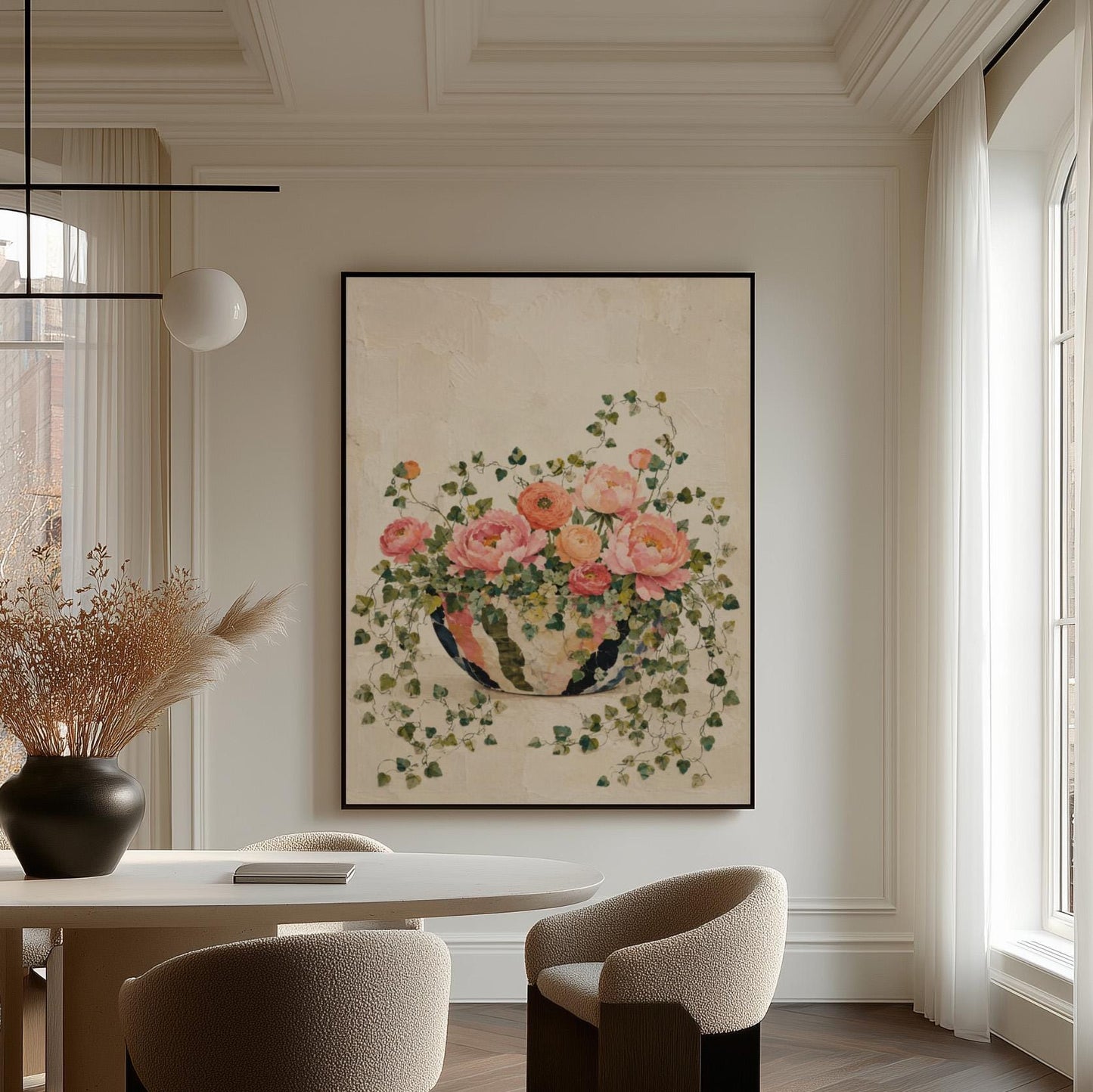 Blush peonies in bowl with cascading ivy, canvas wall art seen in a warm interior with natural light