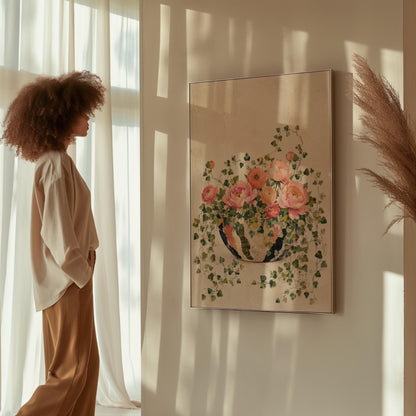 Blush peonies in bowl with cascading ivy, canvas wall art presented in a light, minimal room