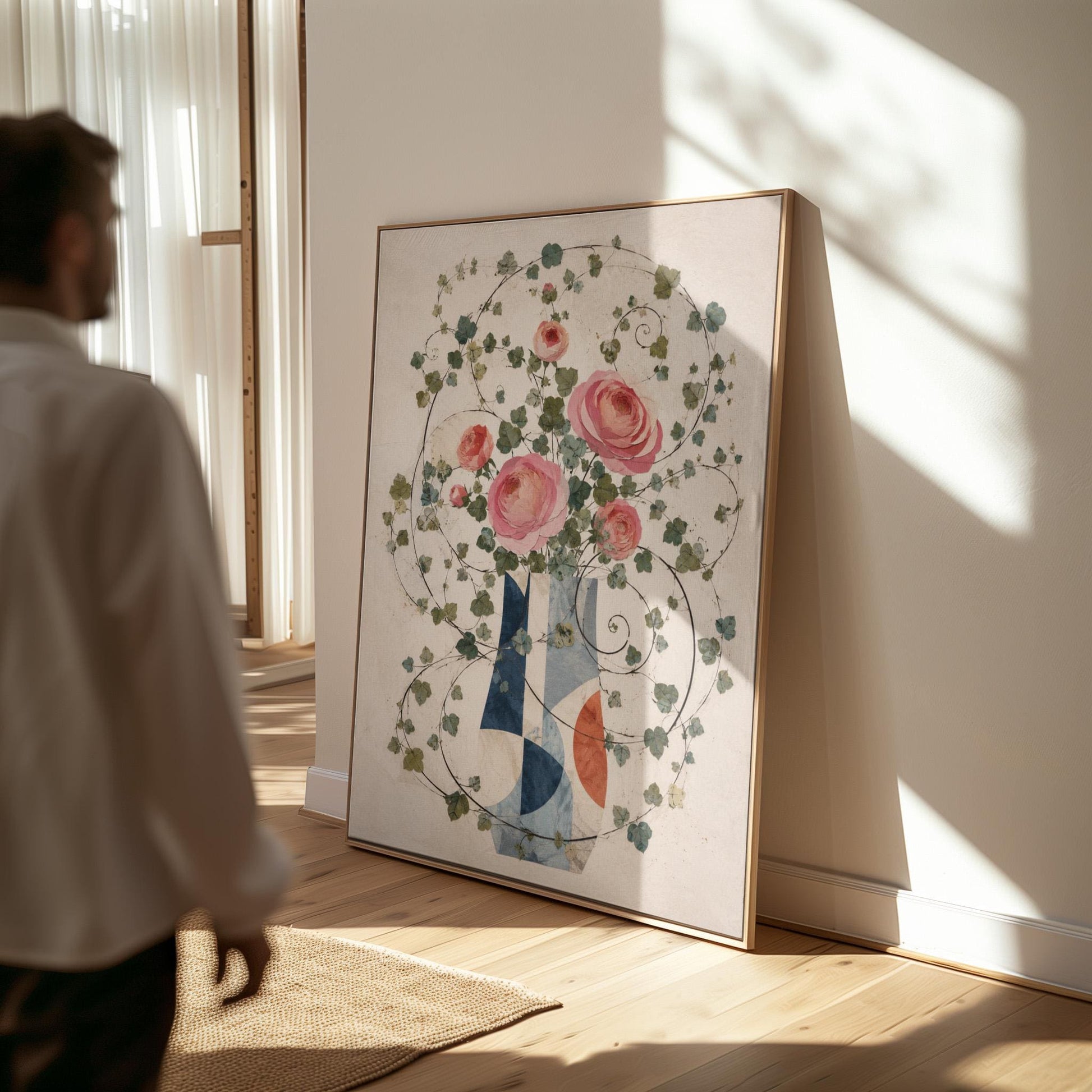 Roses on wildly curling vines above geometric vase, canvas print styled against a soft white wall