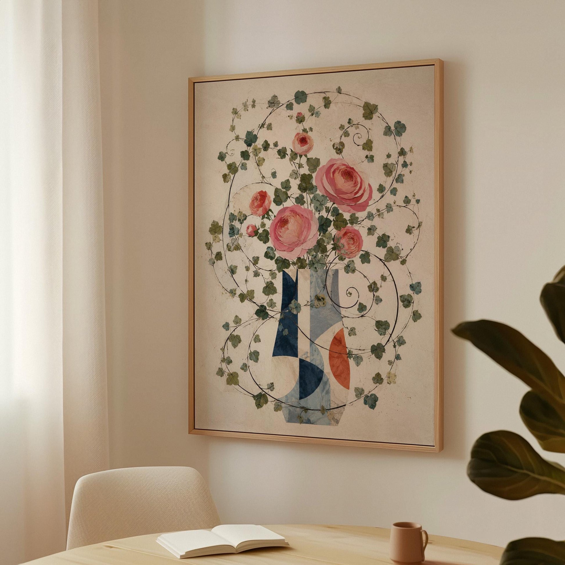 Roses on wildly curling vines above geometric vase, canvas print shown to scale in a furnished room