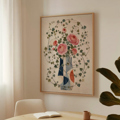 Roses on wildly curling vines above geometric vase, canvas print shown to scale in a furnished room