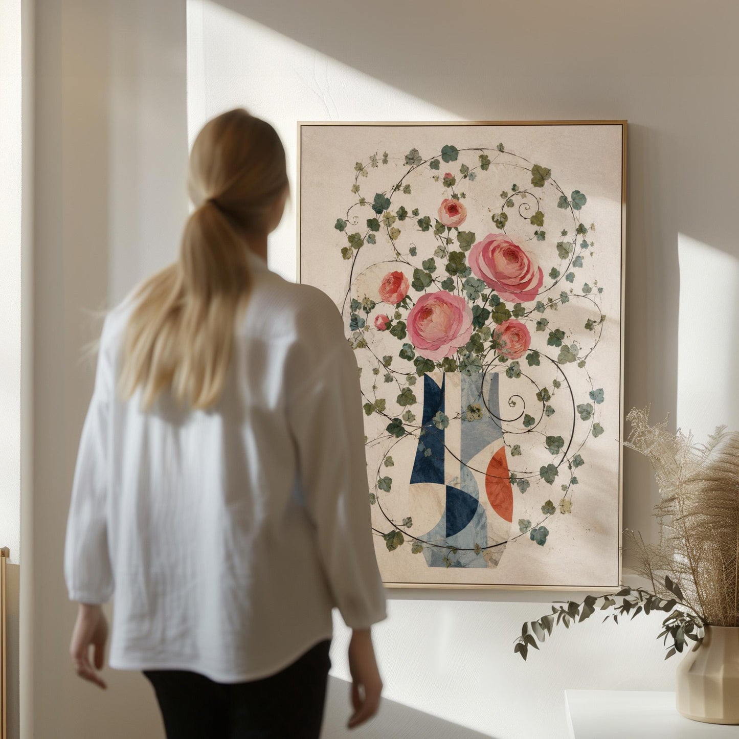 Roses on wildly curling vines above geometric vase, canvas print shown in a sunlit, contemporary room