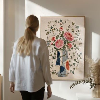 Roses on wildly curling vines above geometric vase, canvas print shown in a sunlit, contemporary room