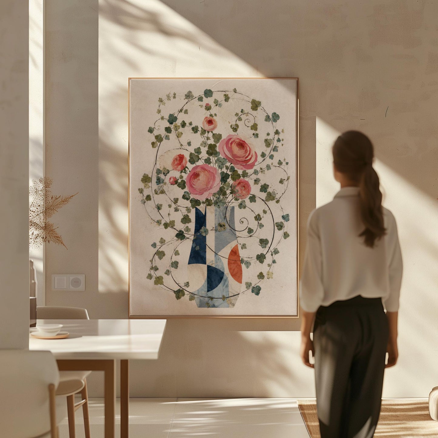 Roses on wildly curling vines above geometric vase, canvas wall art hanging in a calm, modern living space