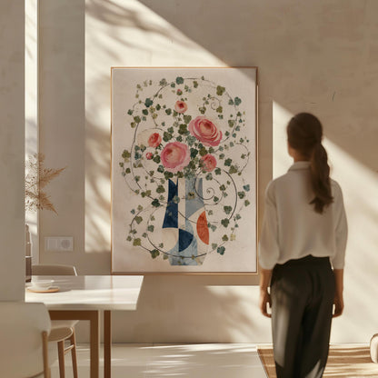 Roses on wildly curling vines above geometric vase, canvas wall art hanging in a calm, modern living space