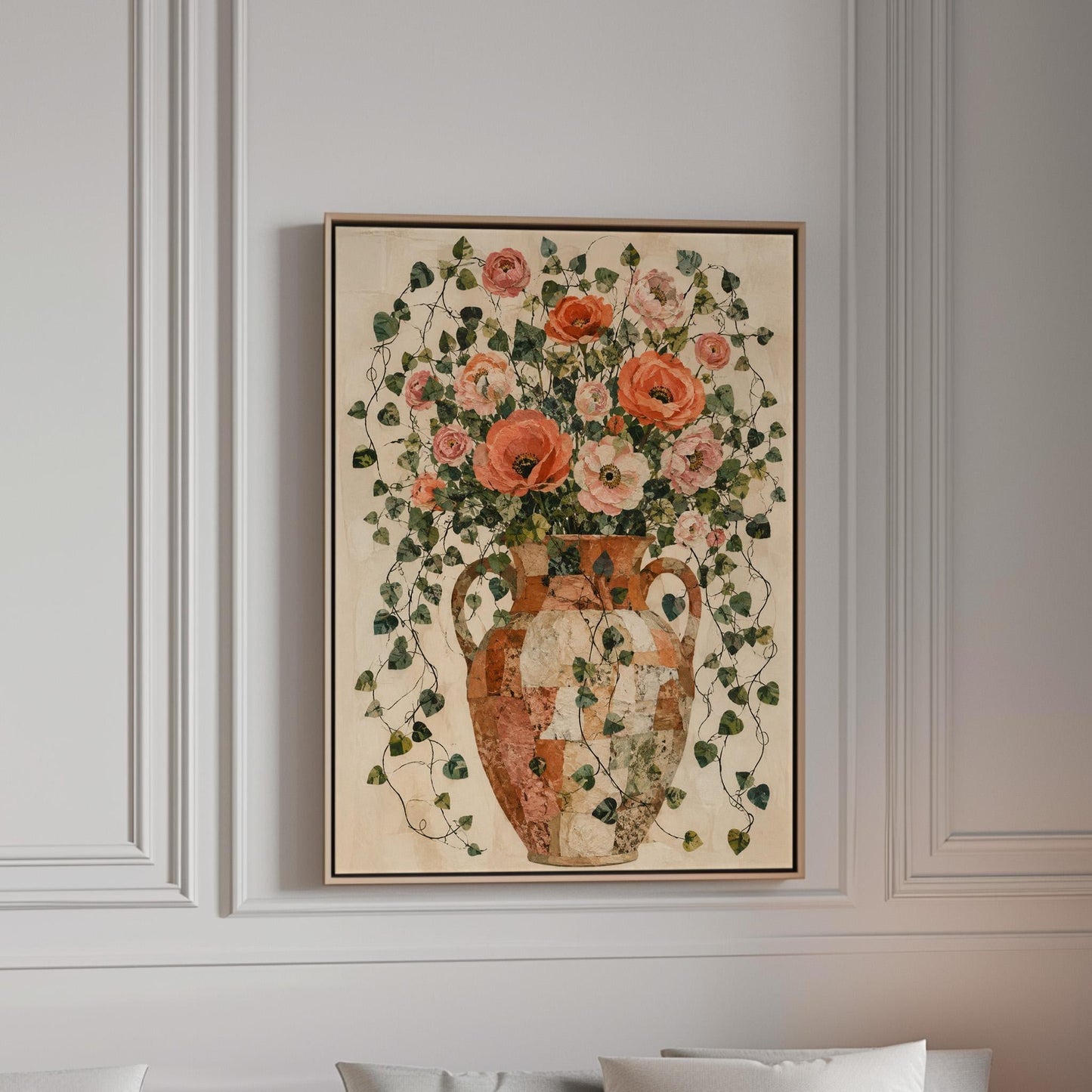Peach roses overflowing from antique amphora, canvas print in a bright room with natural daylight