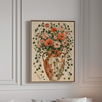 Peach roses overflowing from antique amphora, canvas print in a bright room with natural daylight