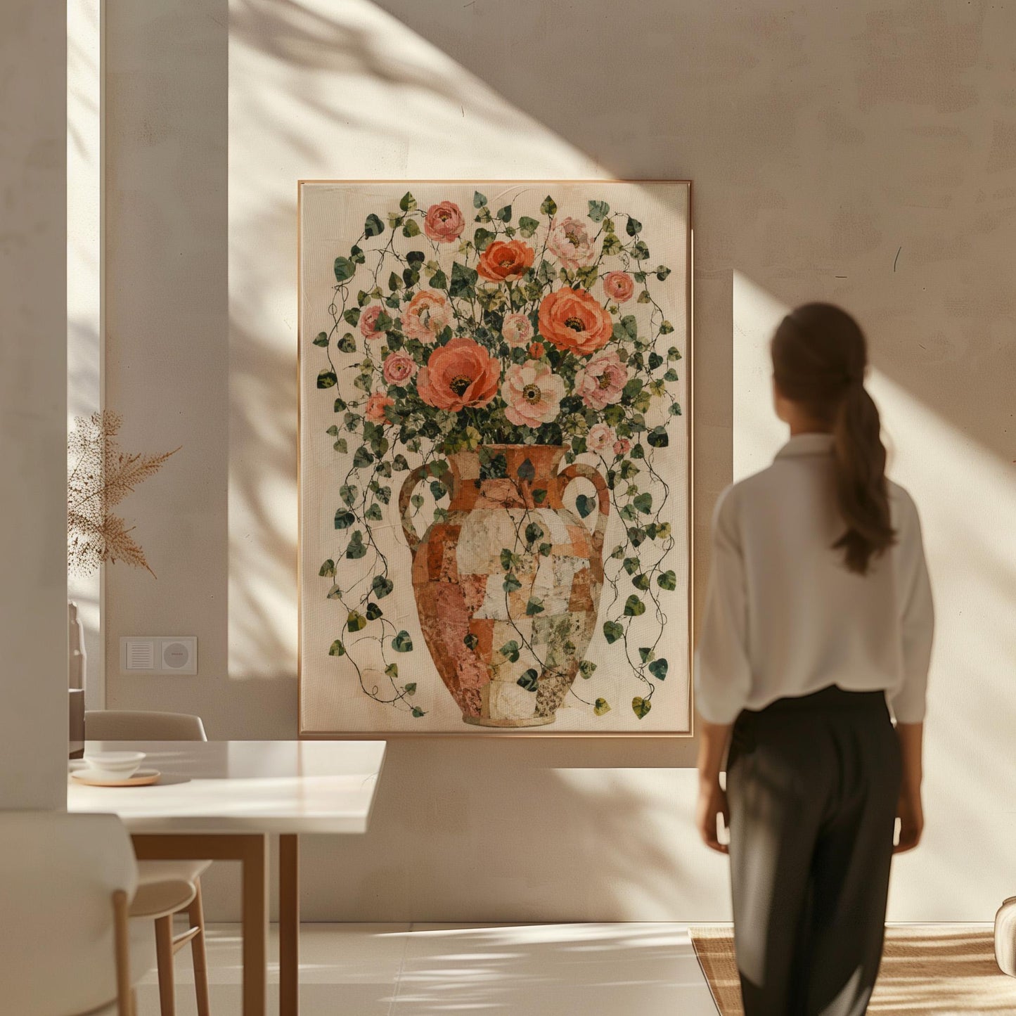 Peach roses overflowing from antique amphora, canvas print on a quiet wall in a considered interior