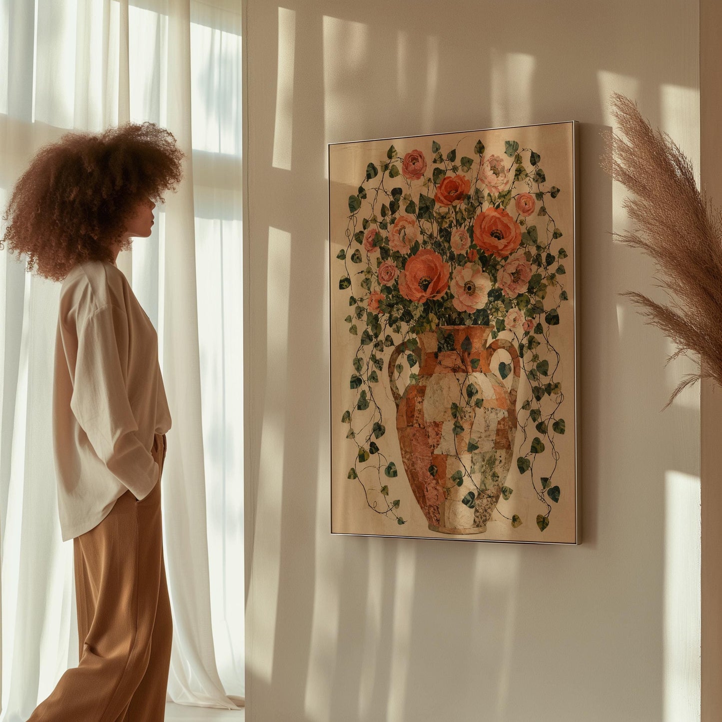 Peach roses overflowing from antique amphora, canvas wall art hanging in a calm, modern living space