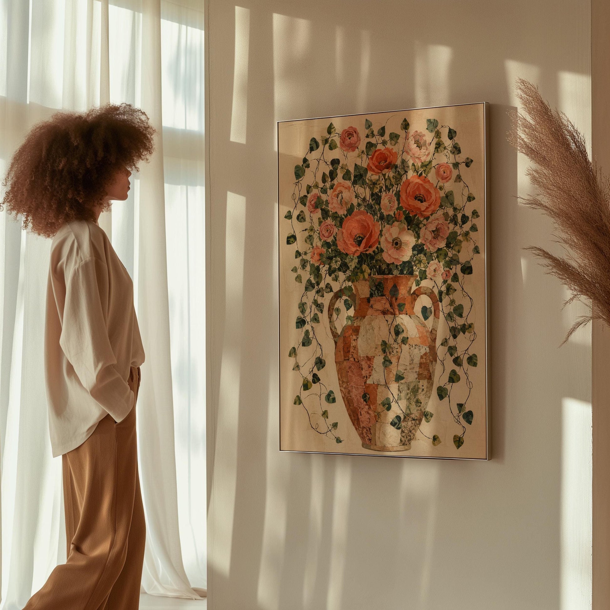 Peach roses overflowing from antique amphora, canvas wall art hanging in a calm, modern living space