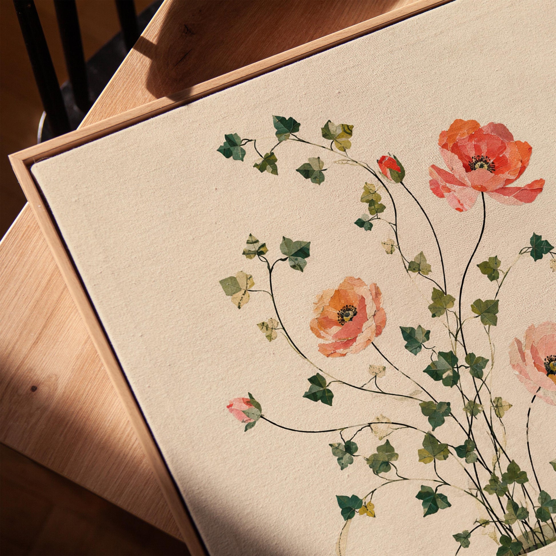 Coral poppies with ivy stems in slender vase, canvas print in a warm, minimally styled interior