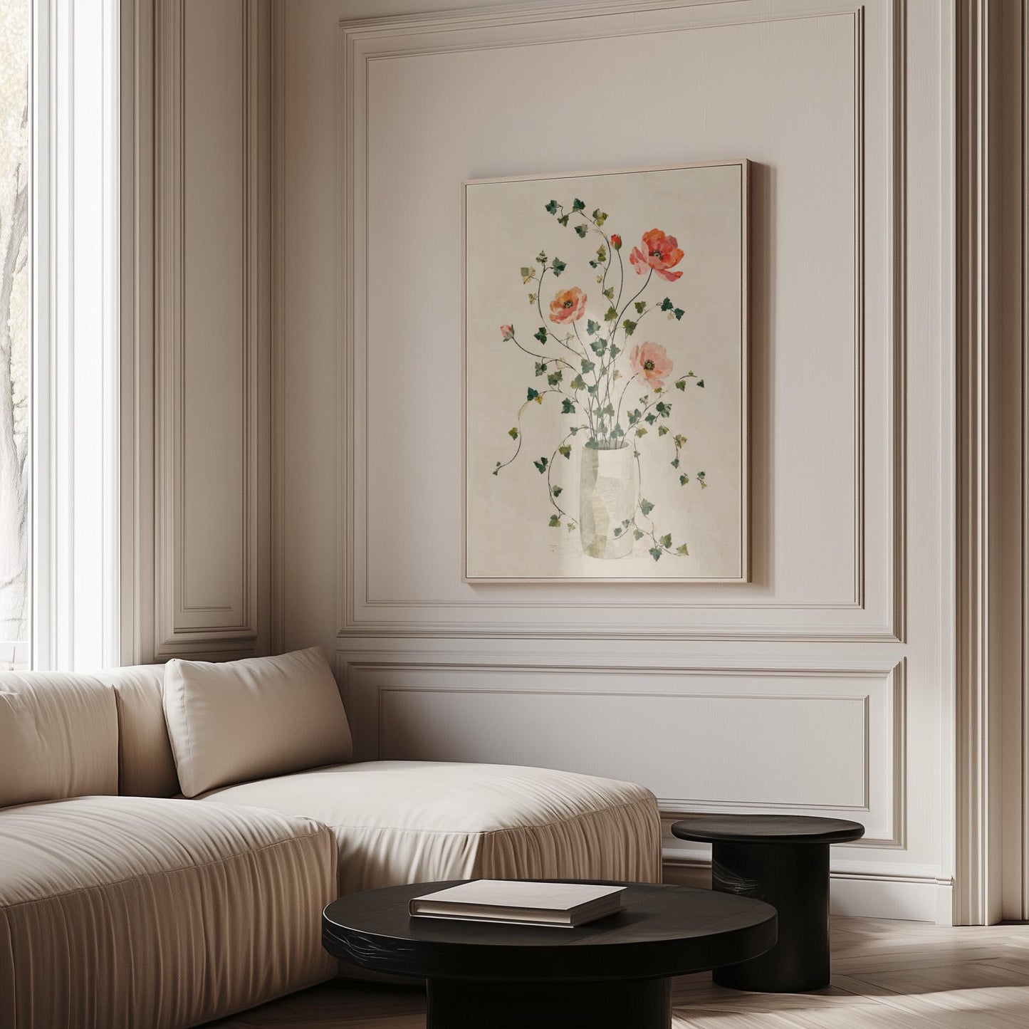 Coral poppies with ivy stems in slender vase, canvas print hanging in a calm, modern living space
