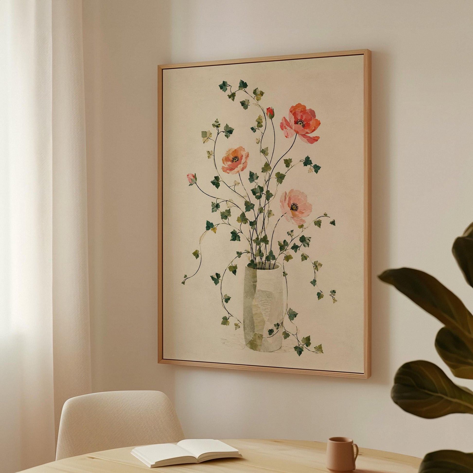 Coral poppies with ivy stems in slender vase, canvas print styled against a soft white wall