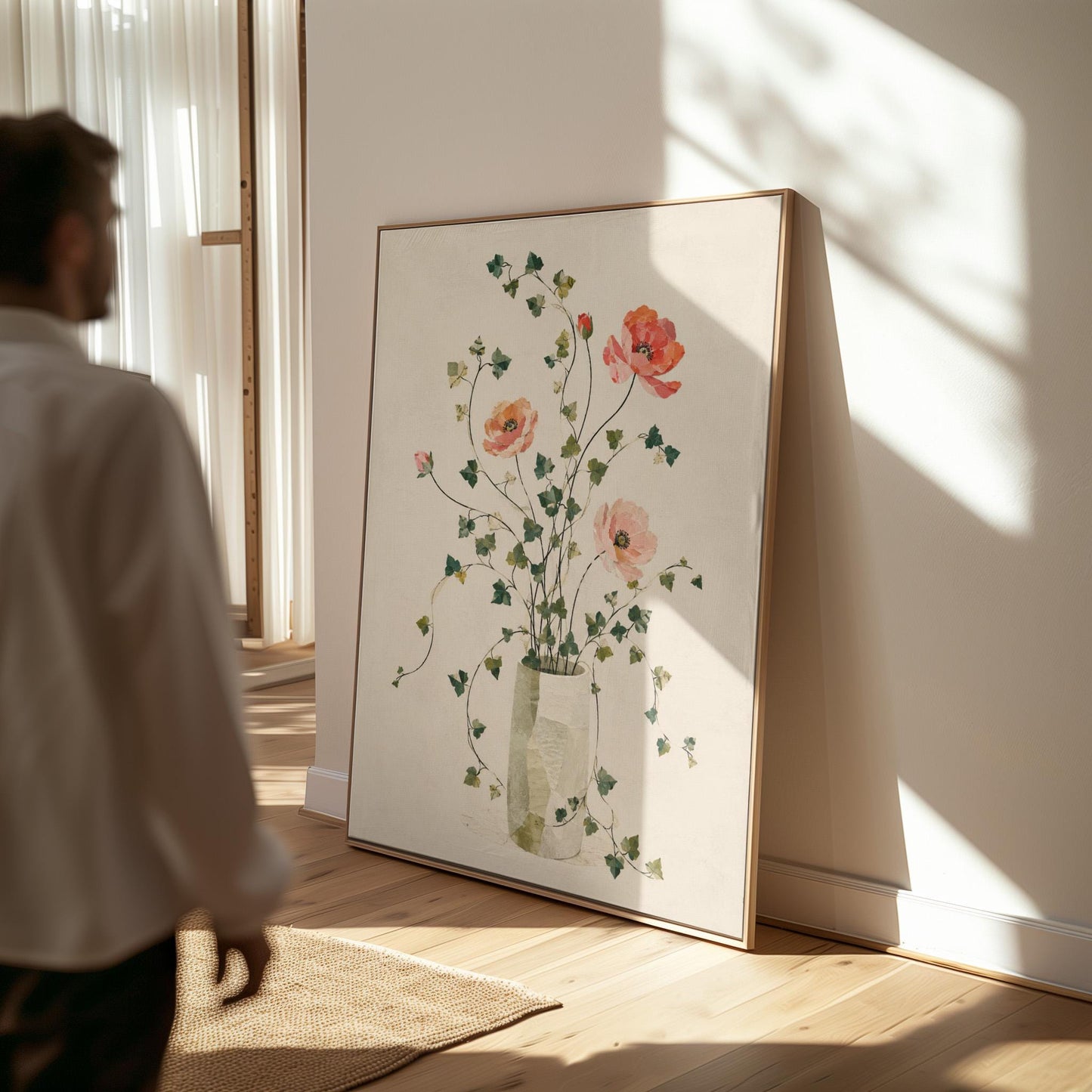 Coral poppies with ivy stems in slender vase, canvas wall art hanging in a calm, modern living space