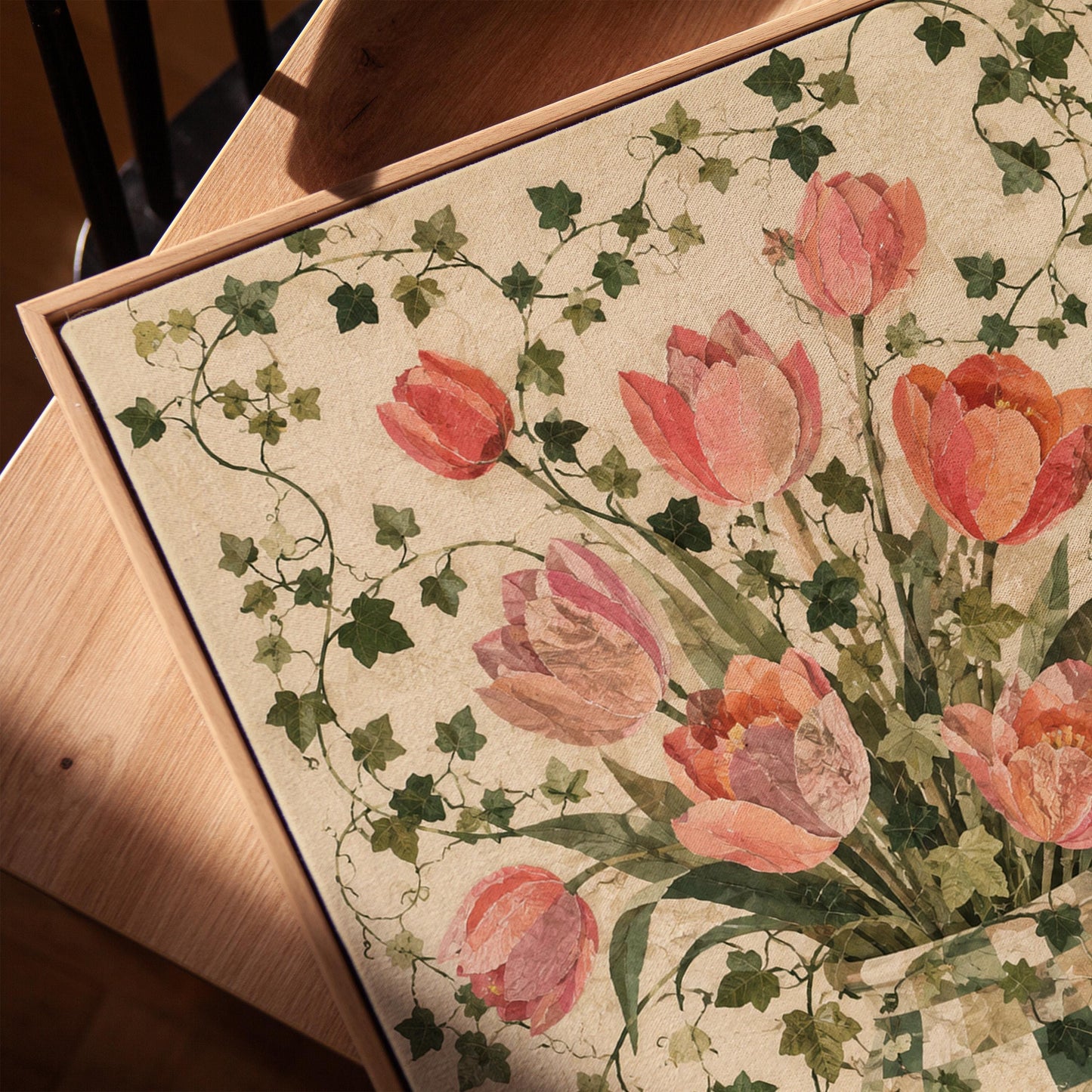 Lush pink tulip bouquet in checkered vase, canvas print in a warm, minimally styled interior