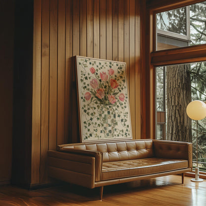 Lush pink tulip bouquet in checkered vase, canvas print hanging in a calm, modern living space