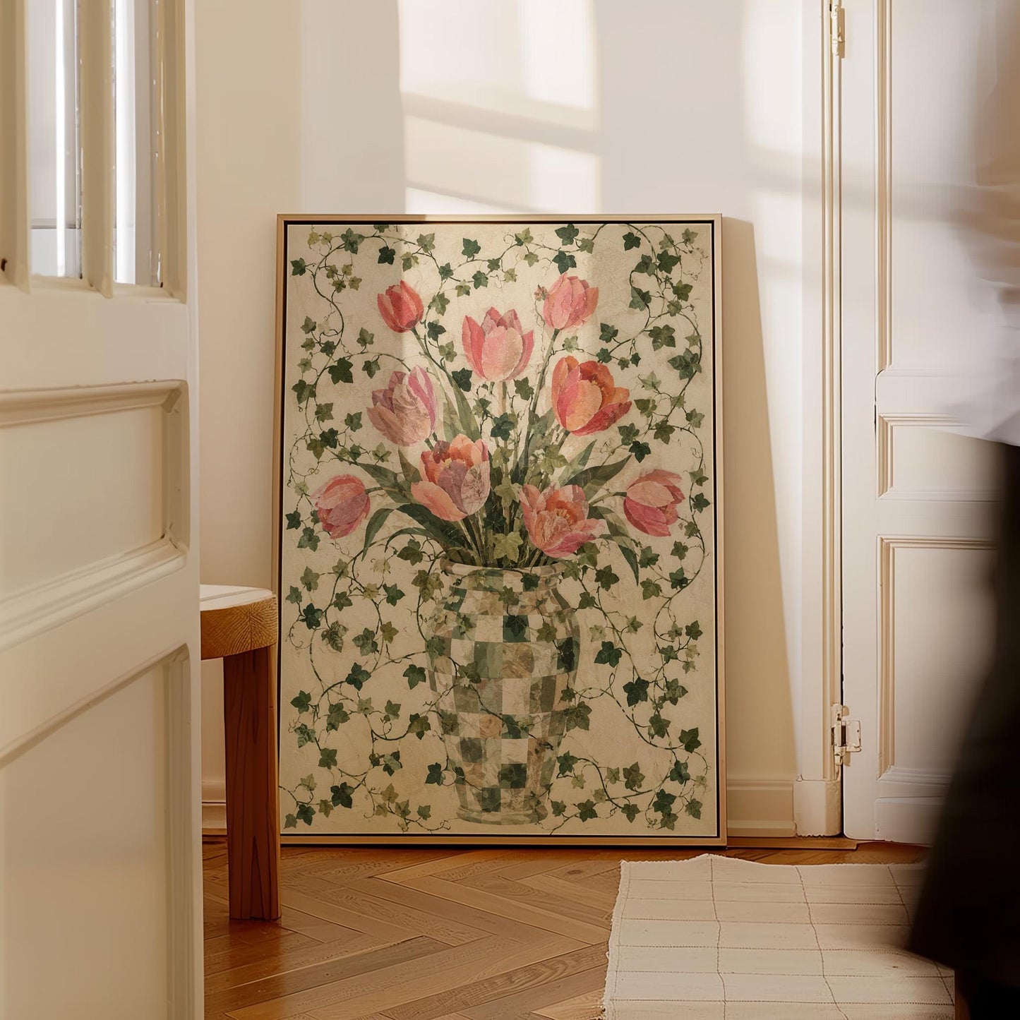 Lush pink tulip bouquet in checkered vase, canvas print seen in a warm interior with natural light