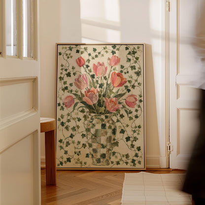 Lush pink tulip bouquet in checkered vase, canvas print seen in a warm interior with natural light