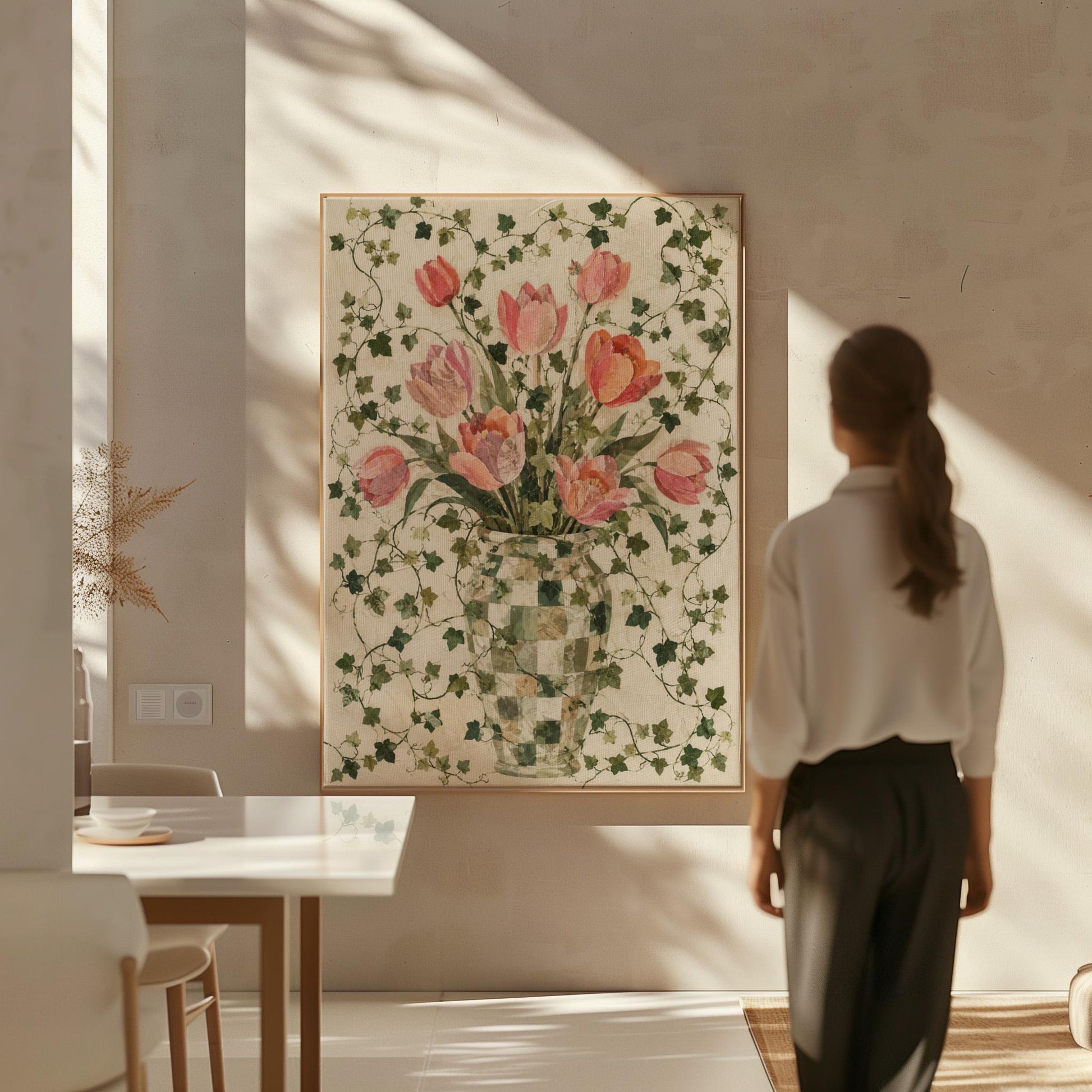 Lush pink tulip bouquet in checkered vase, canvas print on a quiet wall in a considered interior