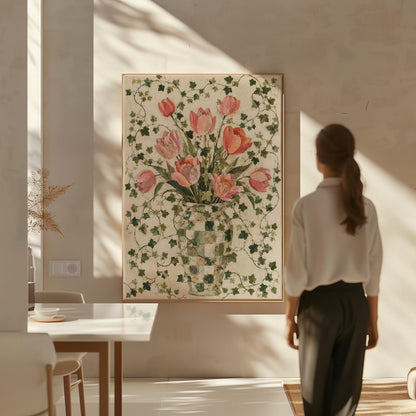 Lush pink tulip bouquet in checkered vase, canvas print on a quiet wall in a considered interior
