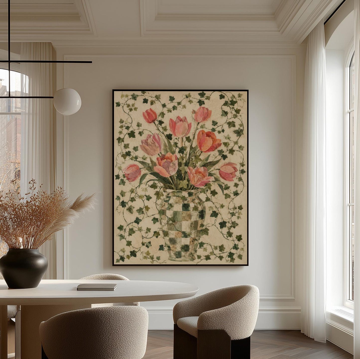 Lush pink tulip bouquet in checkered vase, canvas print displayed on a neutral wall in a styled interior