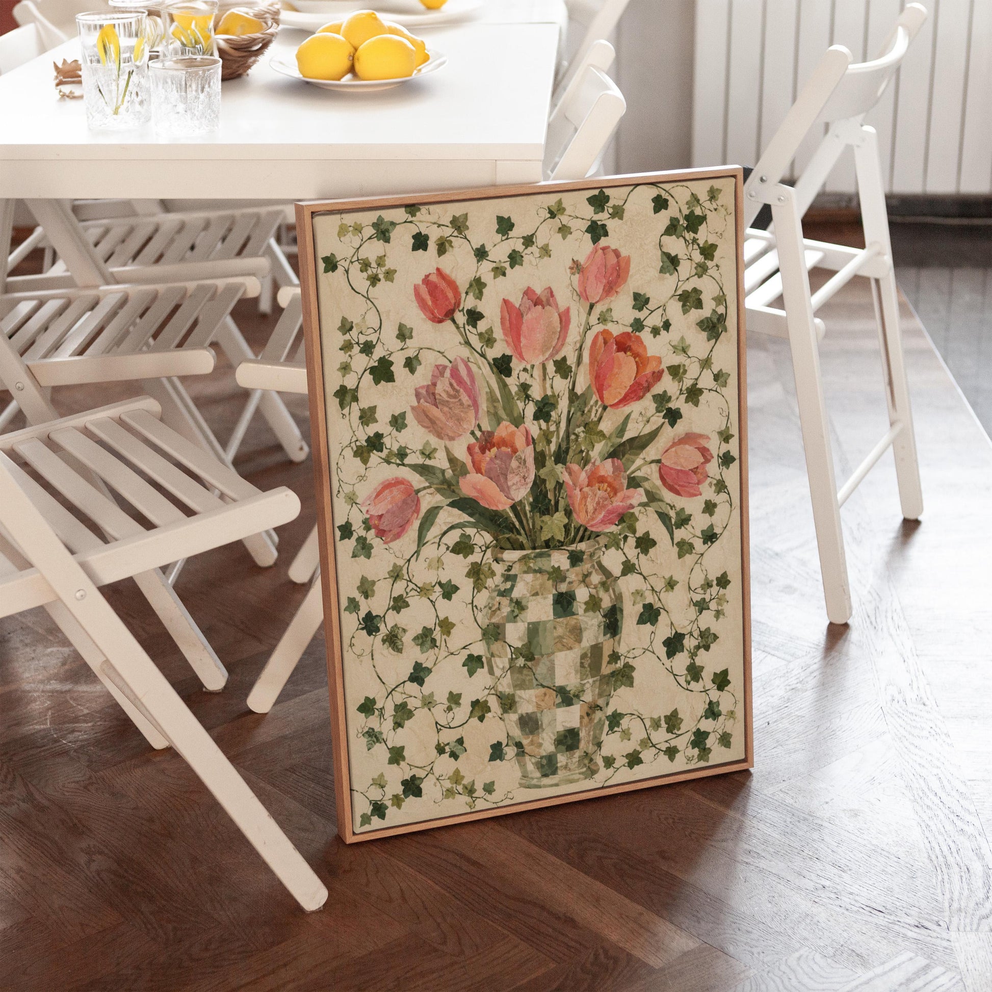 Lush pink tulip bouquet in checkered vase, canvas print shown in a sunlit, contemporary room
