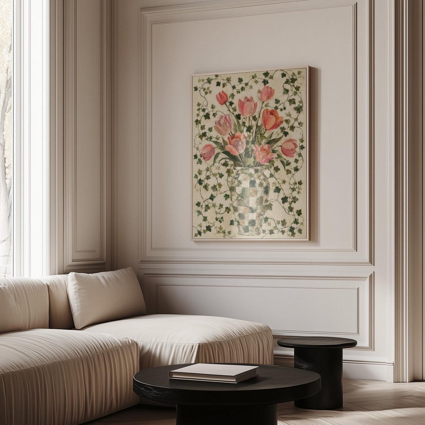 Lush pink tulip bouquet in checkered vase, canvas wall art styled against a soft white wall