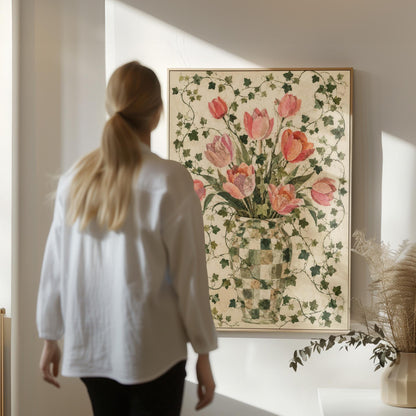 Lush pink tulip bouquet in checkered vase, canvas wall art on a quiet wall in a considered interior