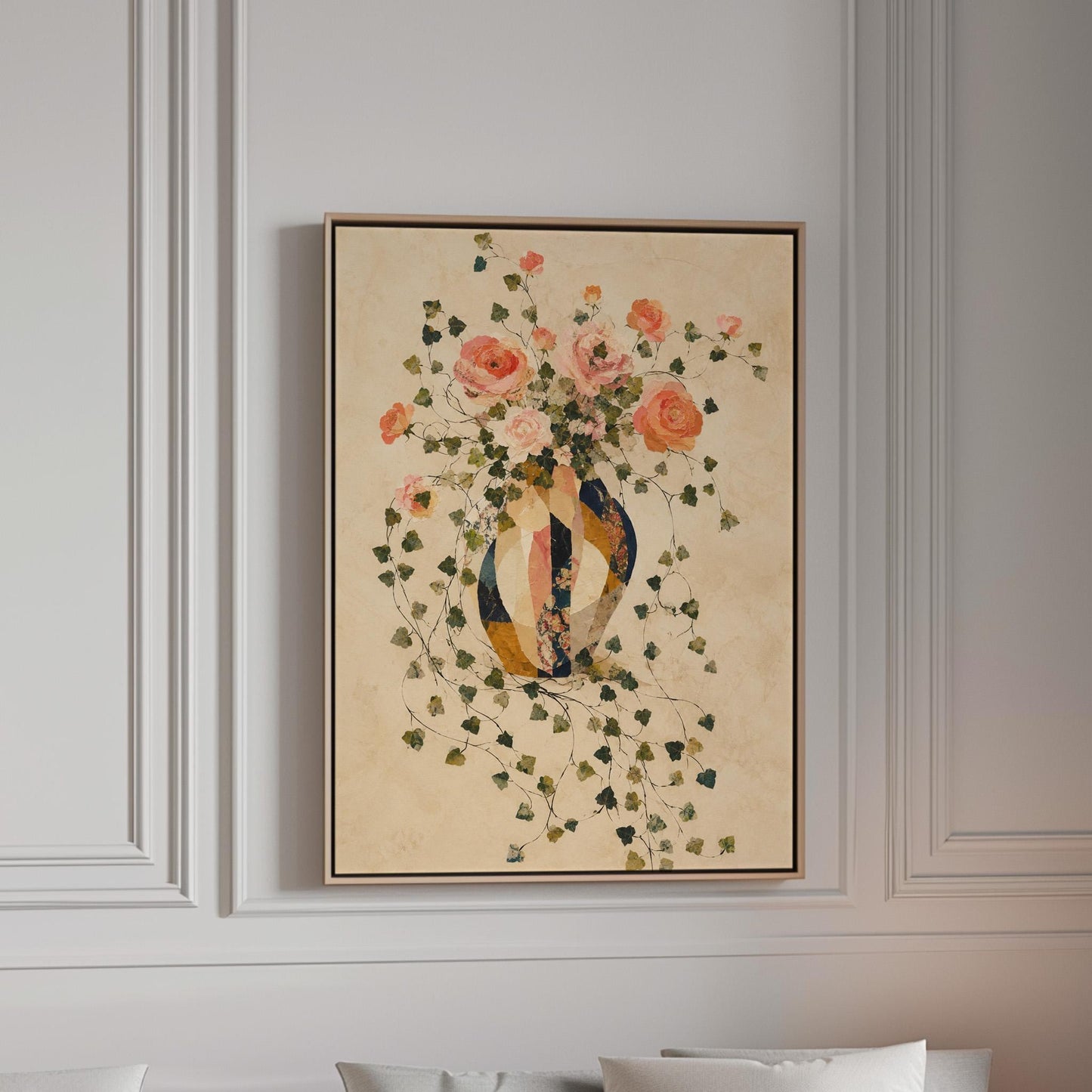 Roses and sprawling ivy around striped amphora, canvas print in a bright room with natural daylight
