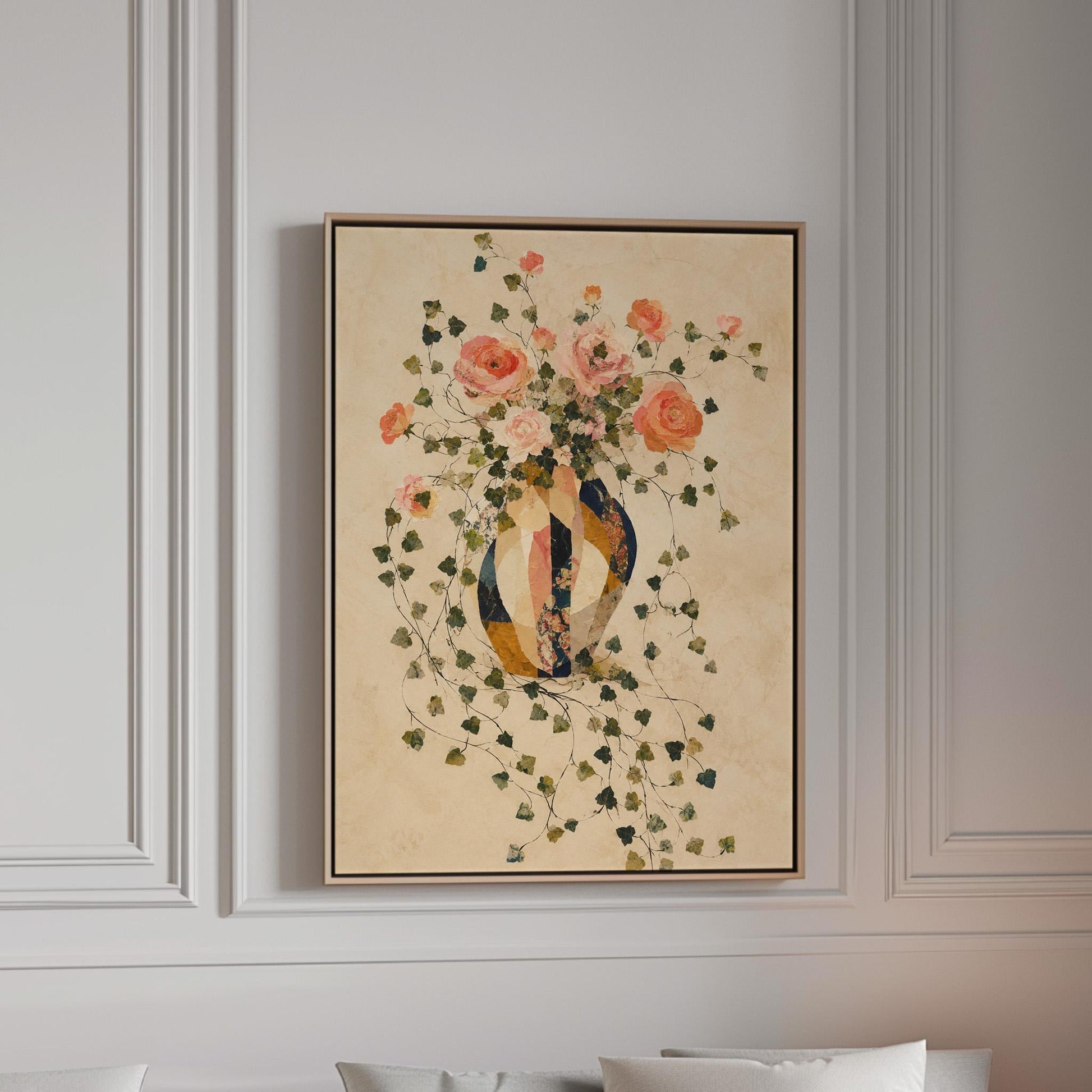 Roses and sprawling ivy around striped amphora, canvas print in a bright room with natural daylight